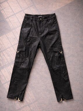 Y2K Faux Leather Cargo Pants Mid Rise Black Slit Hem Gold Hardware Edgy